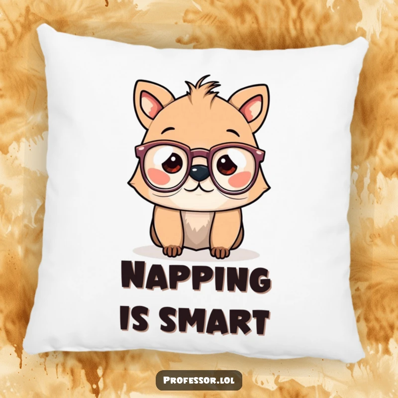 Funny pillow featuring a cute animal character with spectacles humorously sliding down its nose, perfect for comfortable, witty decor.