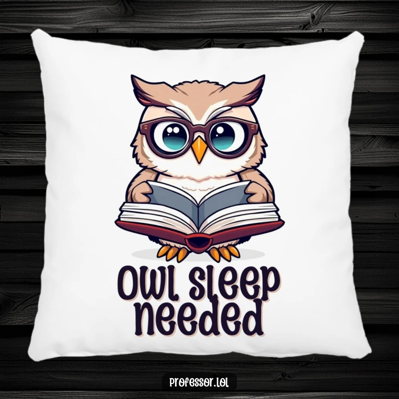 Funny owl spectacles pillow with a cute owl wearing glasses, curiously reading an open book.