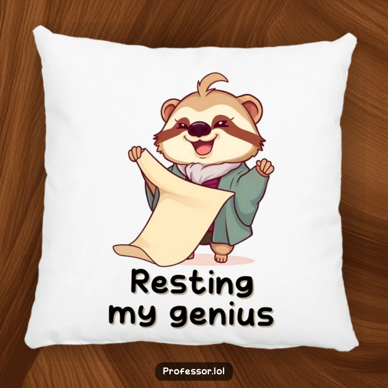 Funny Sloth Professor Pillow: A joyful sloth professor slowly unfurls a very long scroll, a soft and hilarious decorative pillow.