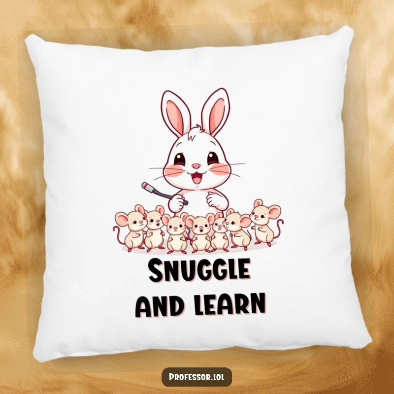 Funny pillow featuring a cheerful rabbit character teaching a class of tiny mice, bringing comfort and cuteness.