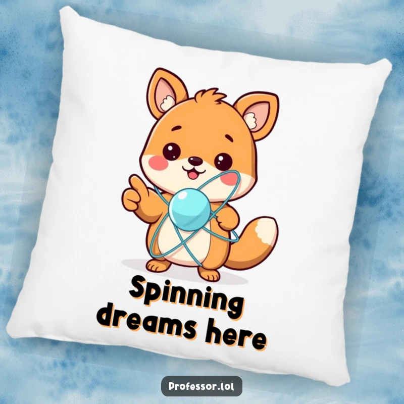 Funny pillow featuring a cute animal character excitedly pointing at a spinning atom model, perfect for cozying up with a science theme.