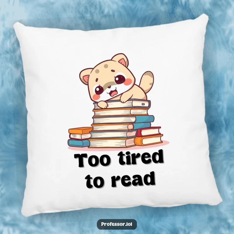 Funny startled animal pillow featuring a cute character looking surprised next to scattered books, a soft and humorous addition for book lovers.