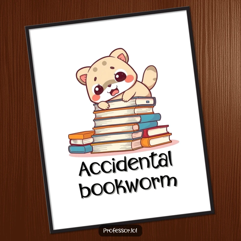 Funny startled animal digital art print of a surprised character with scattered books, a humorous and charming piece for wall decor.