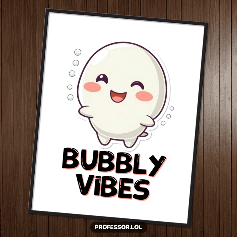 Funny digital art print of a character with a happy smile imitating a bubbling reaction, radiating pure joy and bubbly excitement.