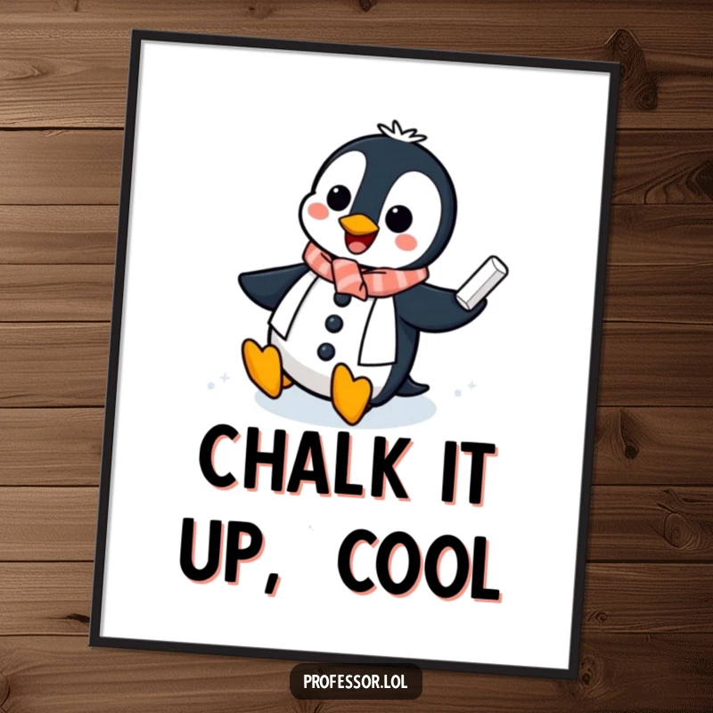 Funny Penguin Professor Digital Art: A cheerful penguin slides across an icy chalkboard with chalk, a downloadable and hilarious artwork.
