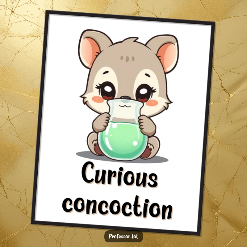 Funny digital art print of a curious animal character examining a bubbling beaker, perfect for humorous and educational wall decor.