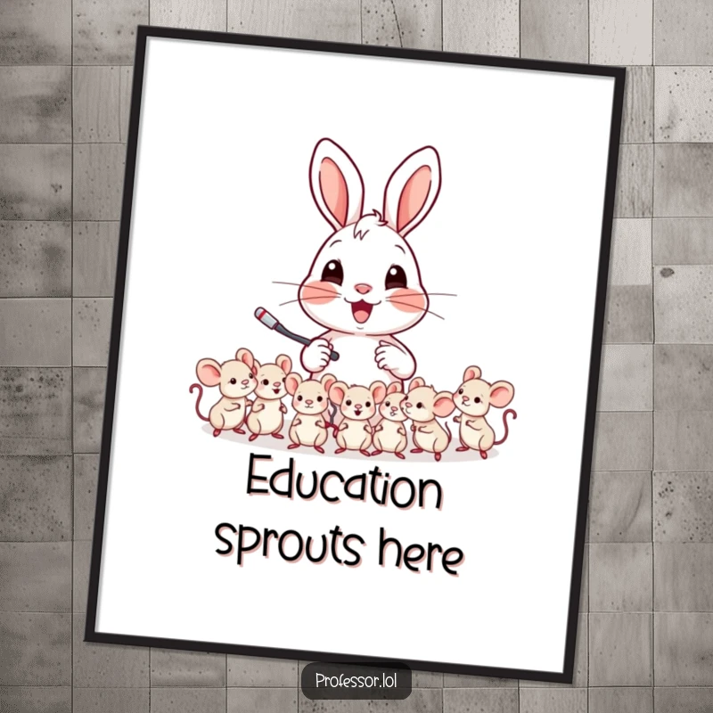 Funny digital art print of a cheerful rabbit character teaching a class of tiny mice, embodying patience and joy.