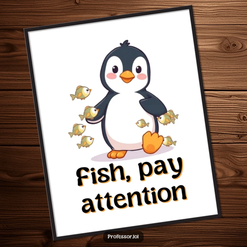 Funny digital art print of a playful penguin lecturing tiny fish, perfect for instant wall decor and wit.