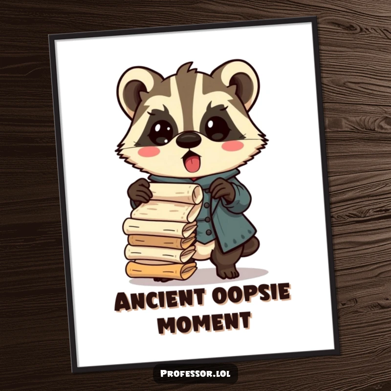 Funny Kawaii badger professor digital art print, surprised character dropping ancient scrolls, humorous academic illustration, instant download.