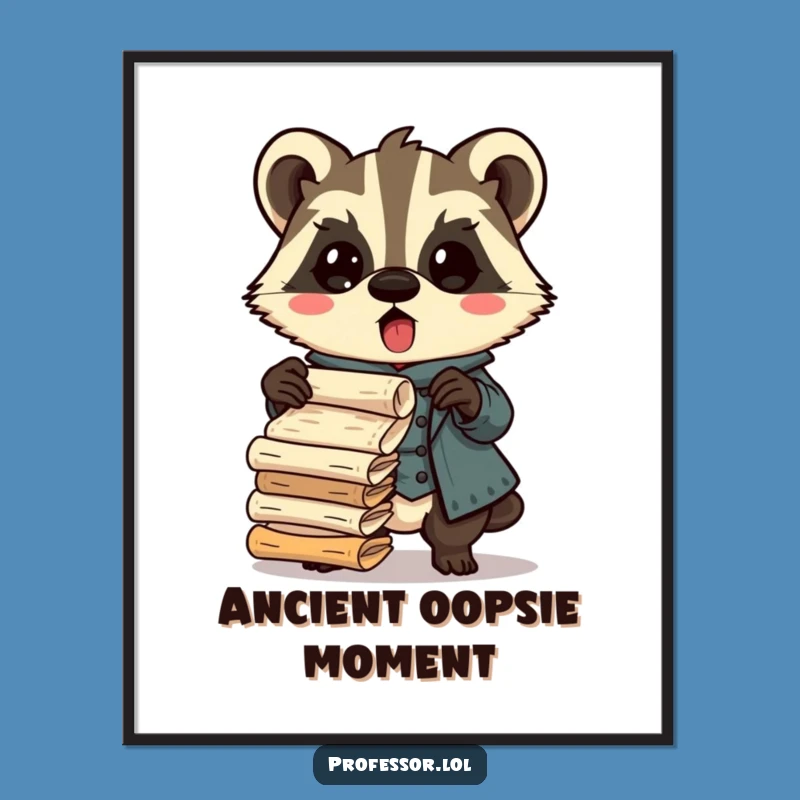Funny Badger Professor Digital Art: Surprised Scholar Dropping Scrolls, Print