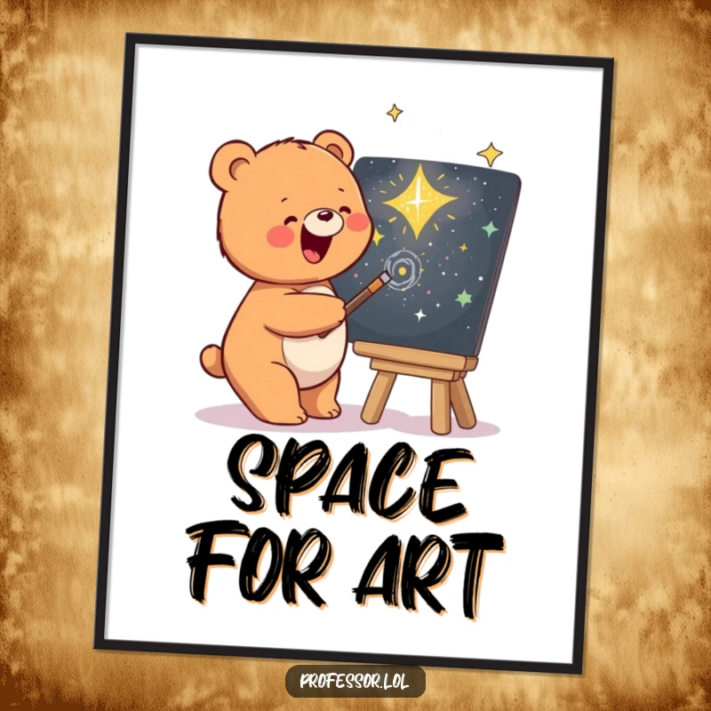 Funny digital art print of a bear artistically sketching a vibrant galaxy on a chalkboard, accessible art.