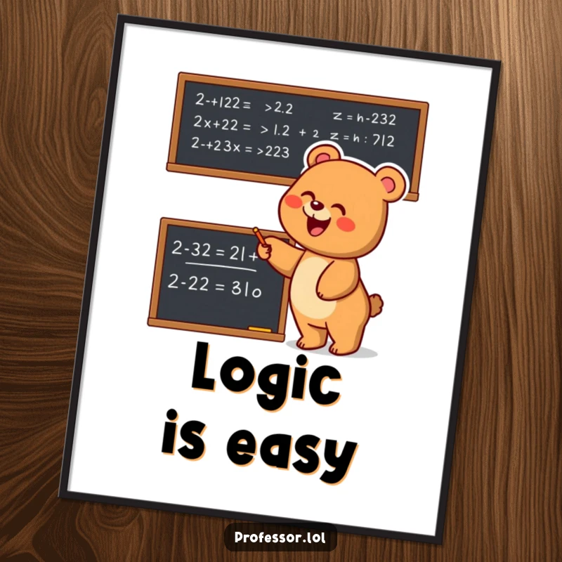 Funny Bear Math Digital Art Print: Joyful bear enthusiastically points at a complex equation, high-resolution cartoon humor for digital display.