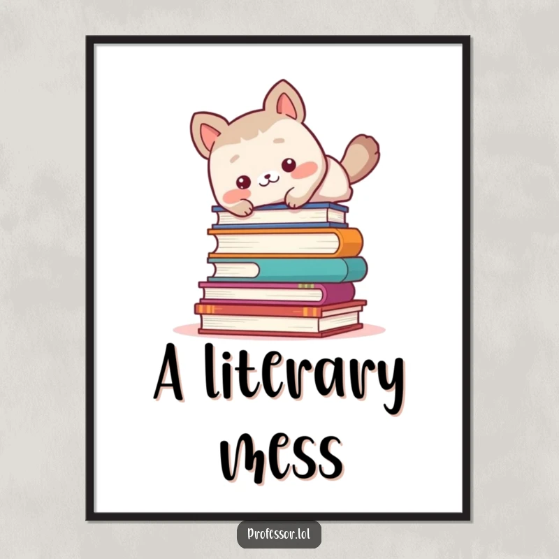 Funny cute animal character comically tripping over a large stack of books, digital art print.