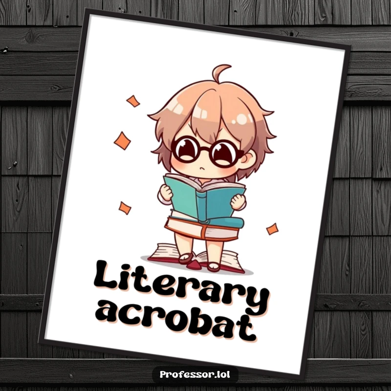 Funny digital art print of a character concentrating intensely while juggling books, perfect for literary decor.