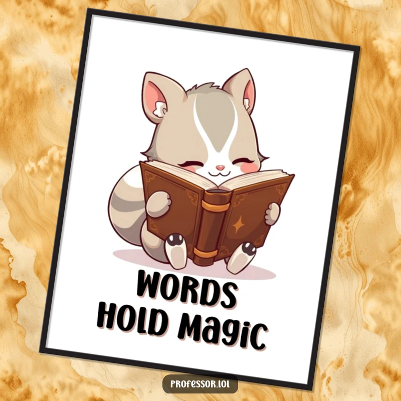 Funny digital art print of a cute animal character engrossed in reading a thick, ancient-looking book, embodying a deep love for literature.