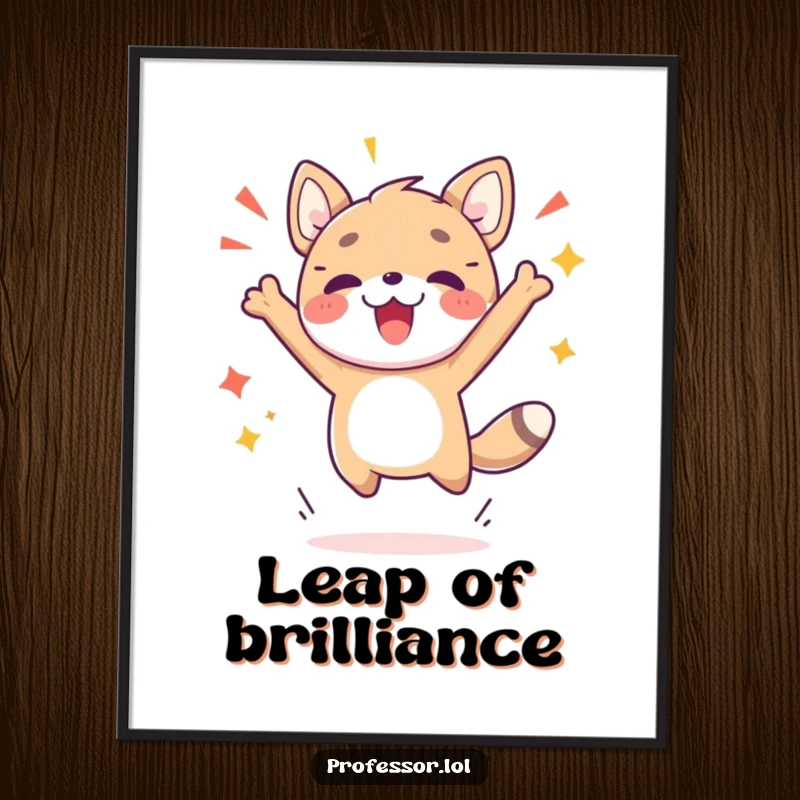 Funny digital art print of a cute animal character executing a triumphant jump, symbolizing a breakthrough, success, and pure celebratory joy.