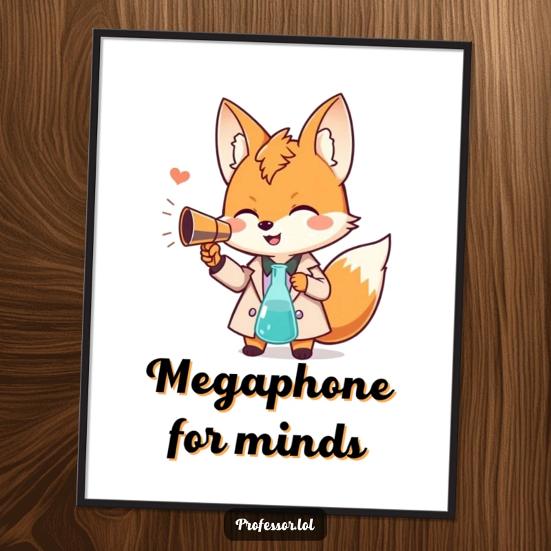 Funny Kawaii fox professor digital art print, giggling character with beaker megaphone, humorous illustration, instant download.