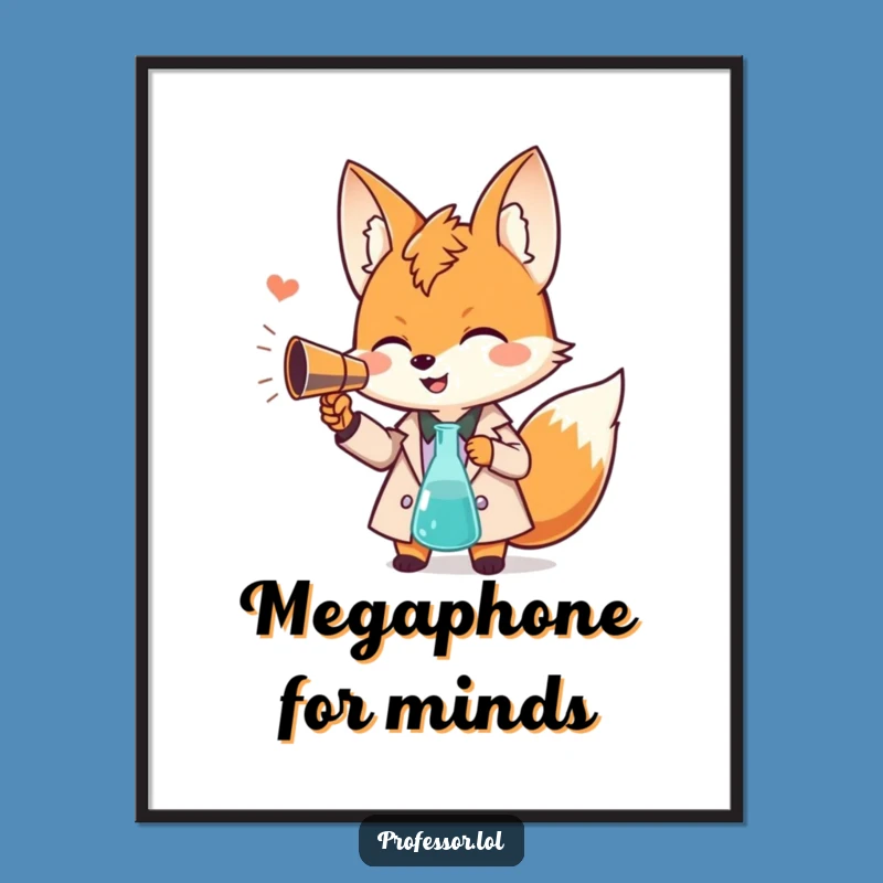 Funny Fox Professor Digital Art: Giggling Scholar, Beaker Megaphone, Print