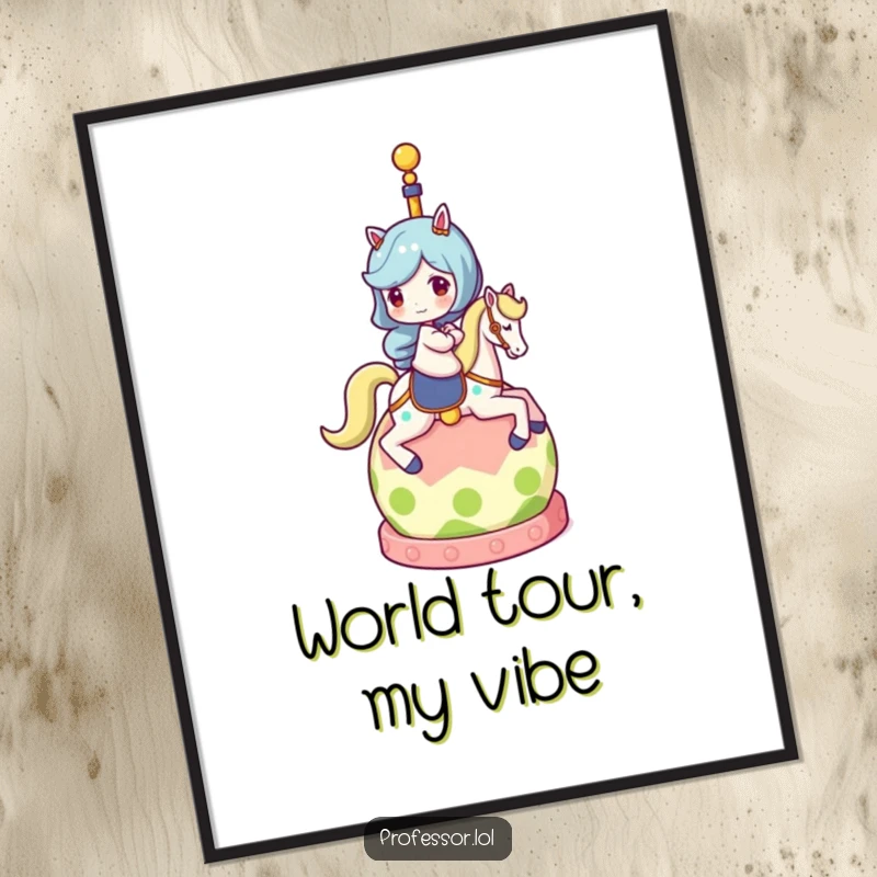 Funny digital art print of a character riding a spinning globe, perfect for whimsical and adventurous home or office decor.