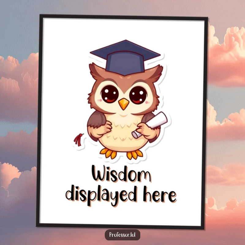 Funny happy owl wearing a graduation cap and diploma, exuding wisdom and joy, ready to be printed as wall art.