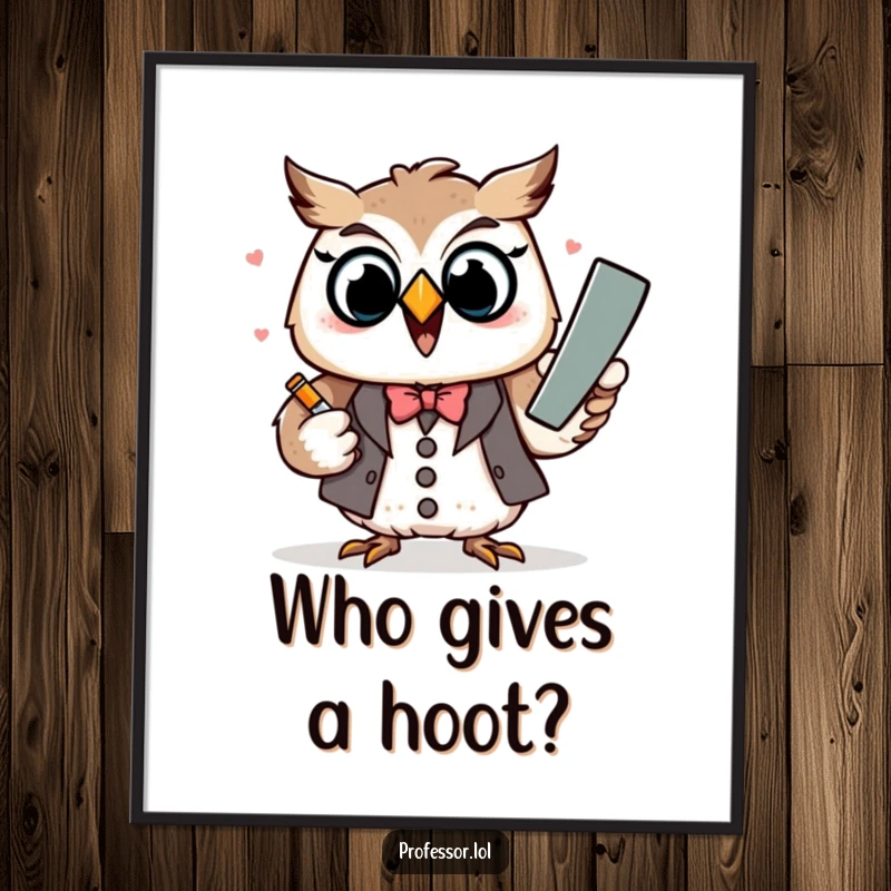 Funny Kawaii owl professor character excitedly explaining with chalk, perfect for a humorous digital art print.
