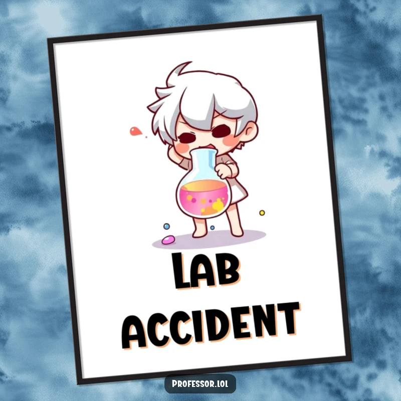 Funny digital art print of a character startled by a dramatically dropped beaker of colorful liquid, lab humor.