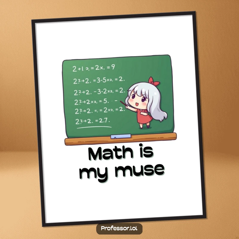 Funny digital art print of a character pointing energetically at math equations on a chalkboard, academic humor.