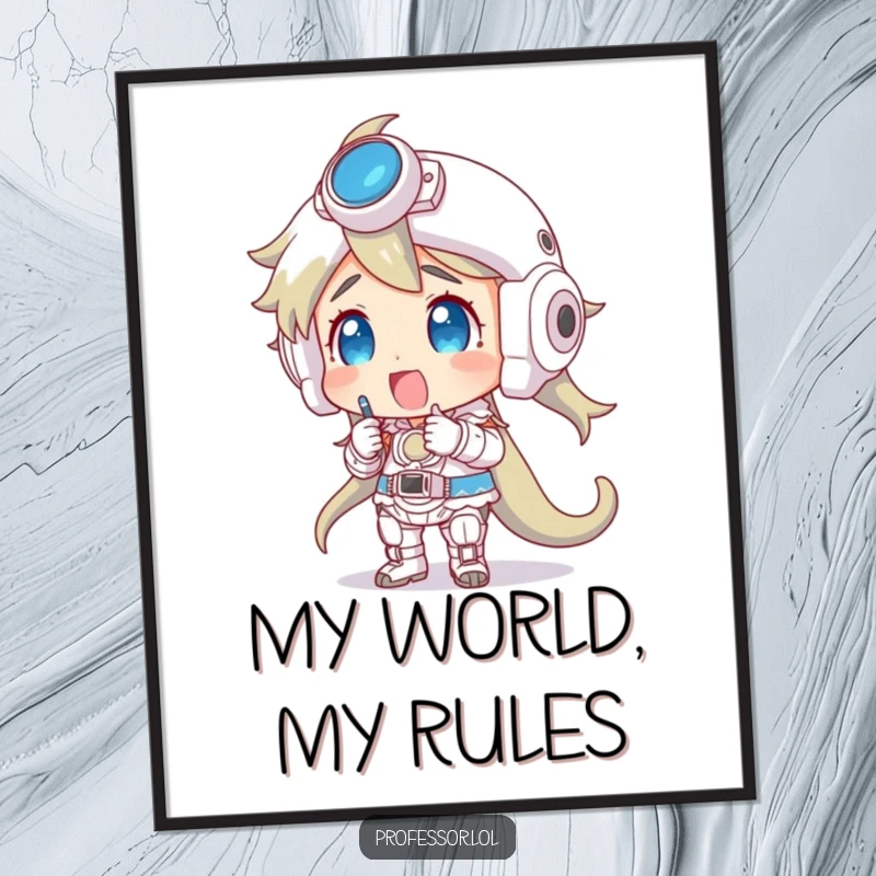 Funny digital art print of a character marveling at a large, complex model, perfect for wall decor.