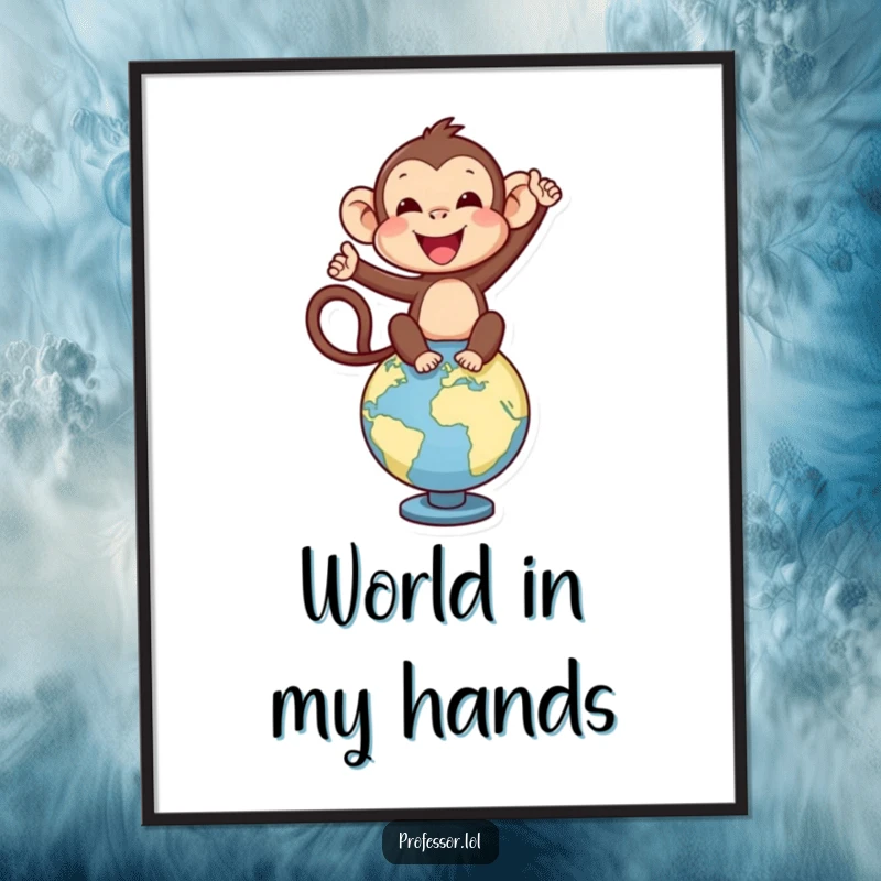 Funny delighted monkey balancing on a globe, celebrating travel and adventure, ready to be printed as wall art.