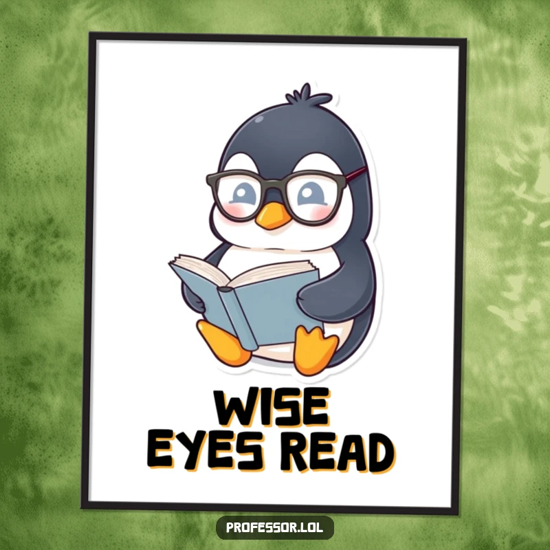 Funny Penguin Bookworm Digital Art Print: Chubby penguin wearing spectacles reads a thick book, high-resolution cartoon humor for digital display.