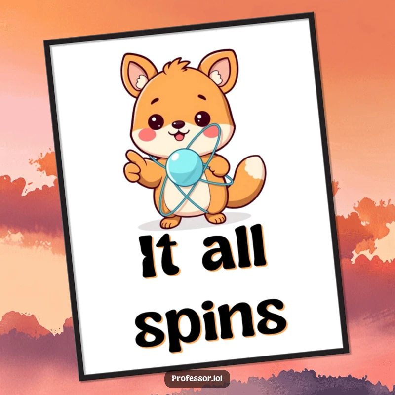 Funny digital art print of a cute animal character excitedly pointing at a spinning atom model, embodying scientific curiosity and wonder.