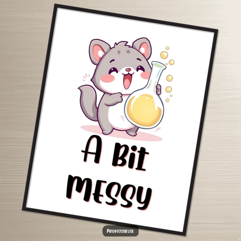 Funny cute animal character excitedly holding a bubbling beaker that overflows, a humorous digital art print for science lovers. Get it printed!