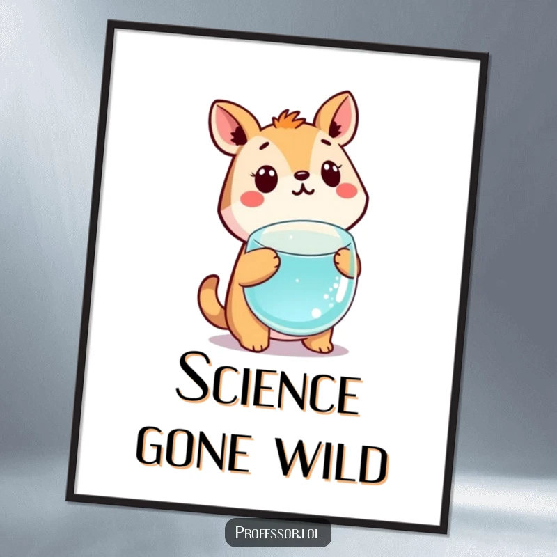 Funny cute animal character with wide-eyed surprise at a glowing, floating beaker, digital art print.