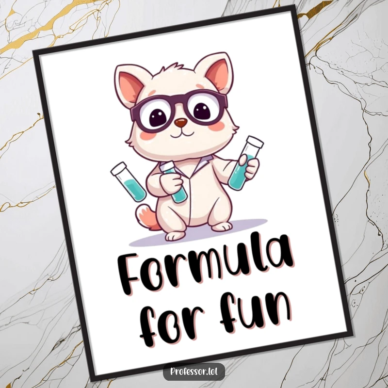 Funny digital art print of a cute animal character gleefully juggling multiple laboratory test tubes, evoking a sense of playful intelligence.