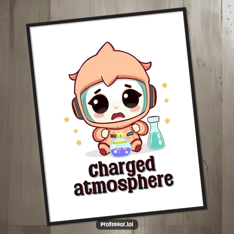 Funny Science Digital Art: A character expresses amazement as a tiny spark flies from an experiment, adding a humorous and inspiring touch.