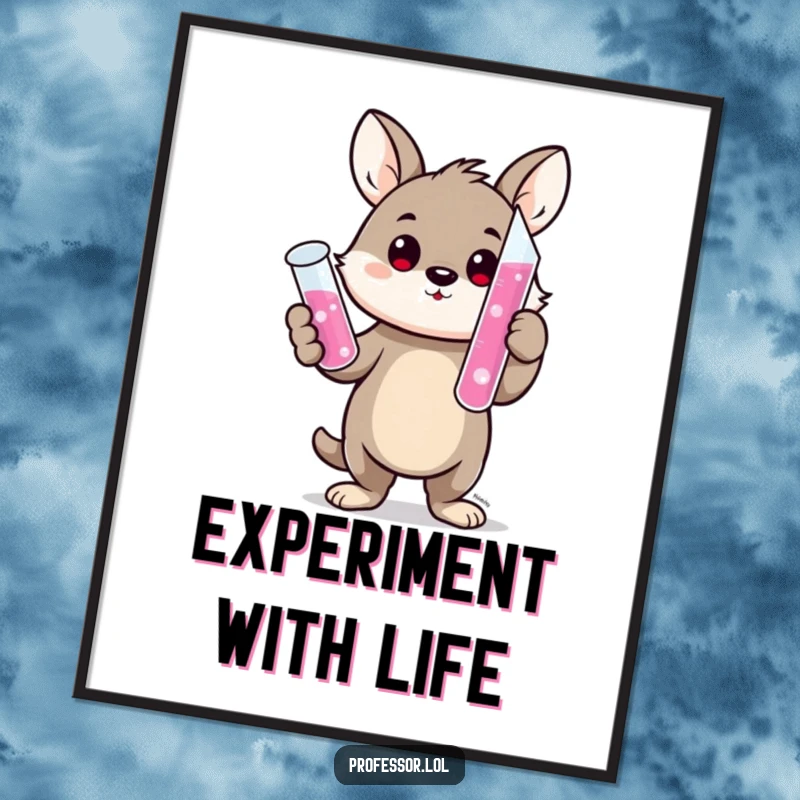 Funny digital art print of a cute animal character proudly holding a bubbling pink test tube, embodying a successful science experiment.