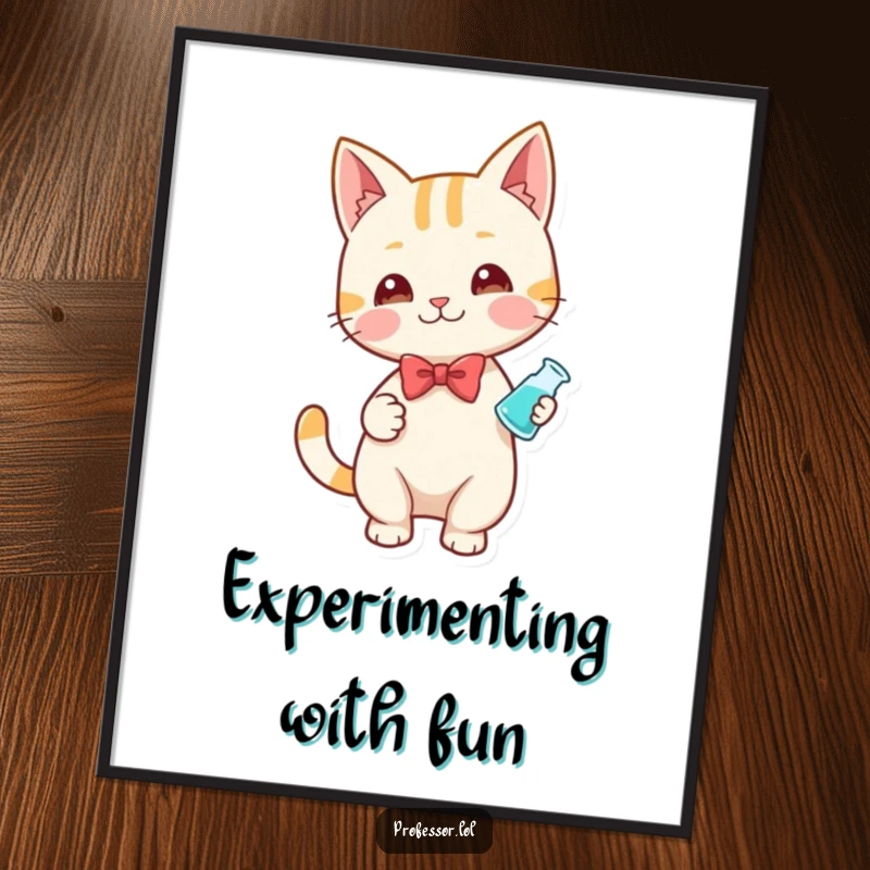 Funny digital art print of a playful cat in a bow tie holding a small beaker, looking like a brilliant scientist.