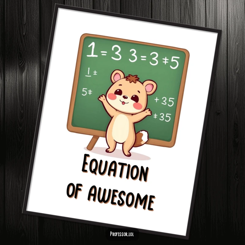 Cute animal character enthusiastically gesturing towards a chalkboard equation, depicted as a vibrant digital art print.