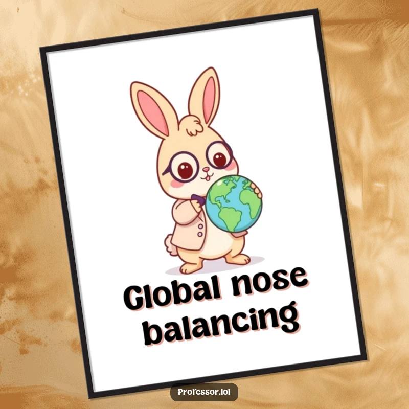 Funny Kawaii rabbit professor digital art print, playful character balancing a globe on its nose, humorous illustration, instant download.