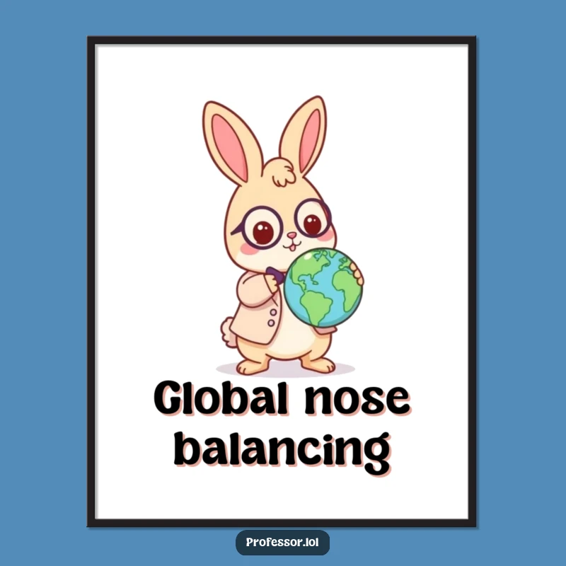 Funny Rabbit Professor Digital Art: Playful Globe Balance, Print