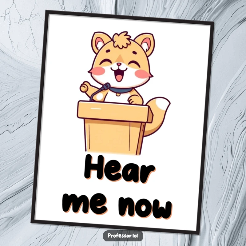 Funny cute animal character energetically lecturing from behind a podium, digital art print for instant download.