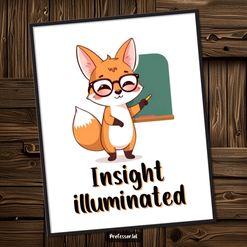 Funny giggling fox wearing spectacles, pointing at a chalkboard, sharing knowledge, ready to be printed as wall art.