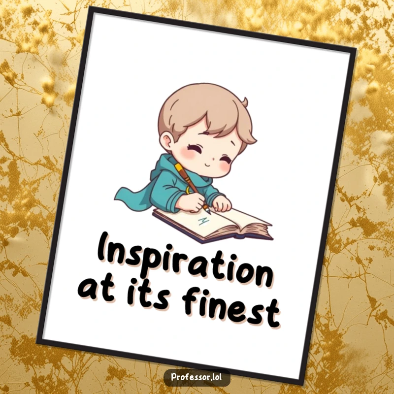 Funny digital art print of a character writing furiously with a quill, capturing creative inspiration.