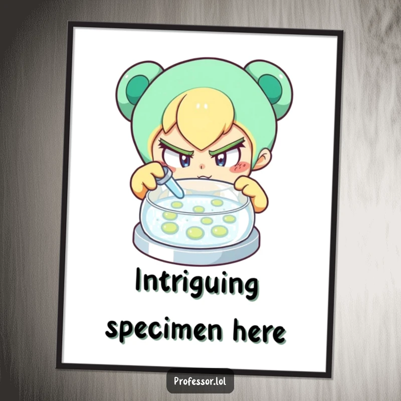 Funny digital art print of a determined character curiously examining a petri dish, ideal for scientific and humorous decor.