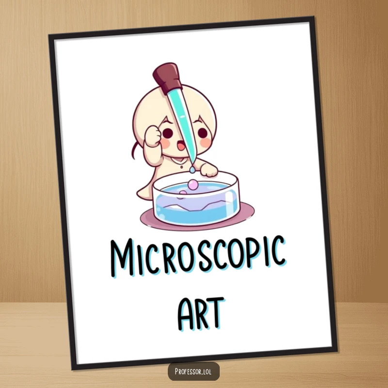 Funny digital art print of a character playfully using a pipette to drip liquid onto a petri dish, scientific humor.