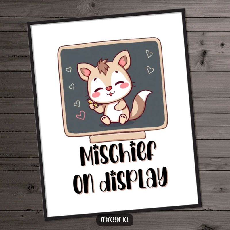 Funny digital art print of a mischievous animal character making chalk scribbles on a blackboard, perfect for humorous wall decor.