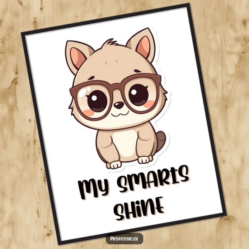 Funny Smart Animal Digital Art showing a cute animal character wearing spectacles and looking intelligent, printable humorous art, funny gift.