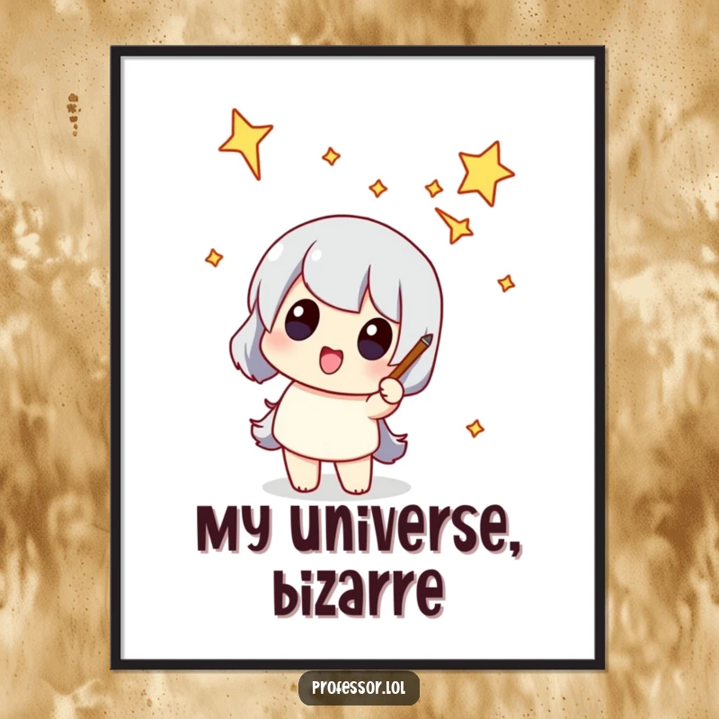 Funny digital art print of a character pointing at a funny-shaped constellation, ideal for humorous and cosmic-themed decor.