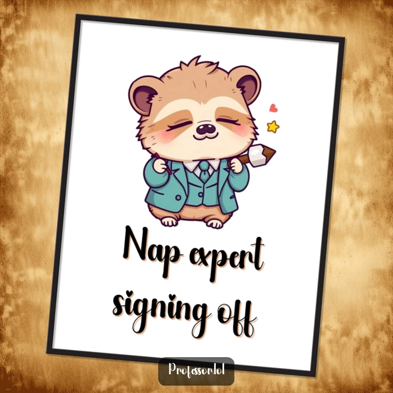 Funny Kawaii sloth professor dozing off while holding a lecture pointer, as a high-resolution digital art print for instant humorous decoration.