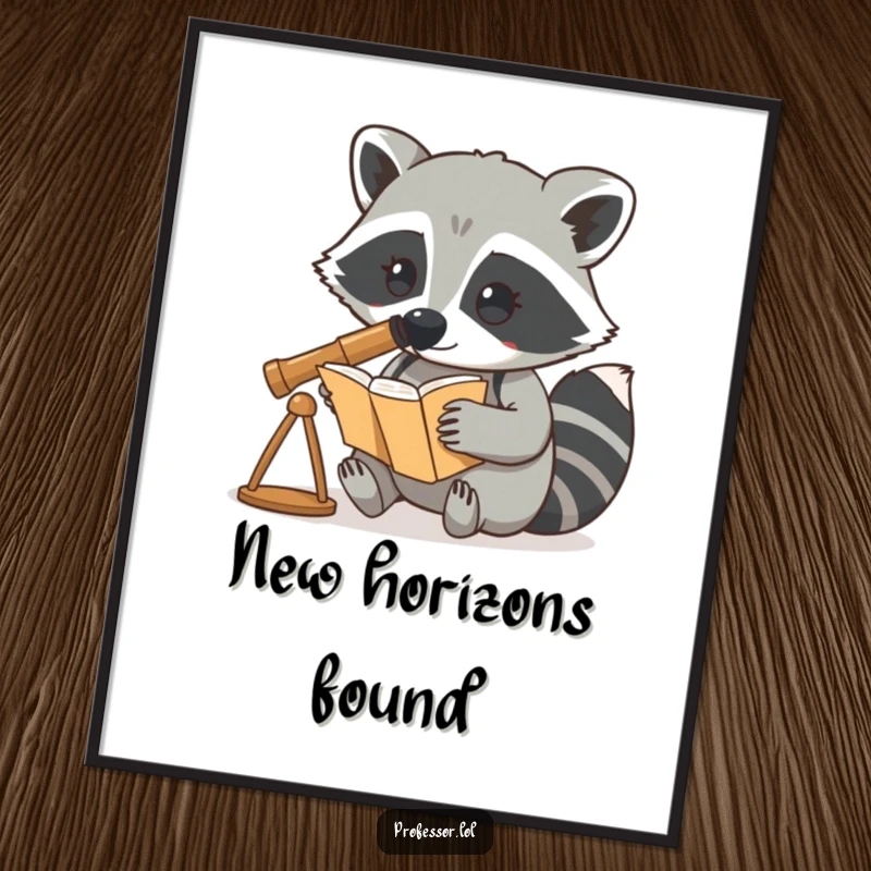 Funny digital art print of a curious raccoon character using a telescope to look at a book, embodying investigation.